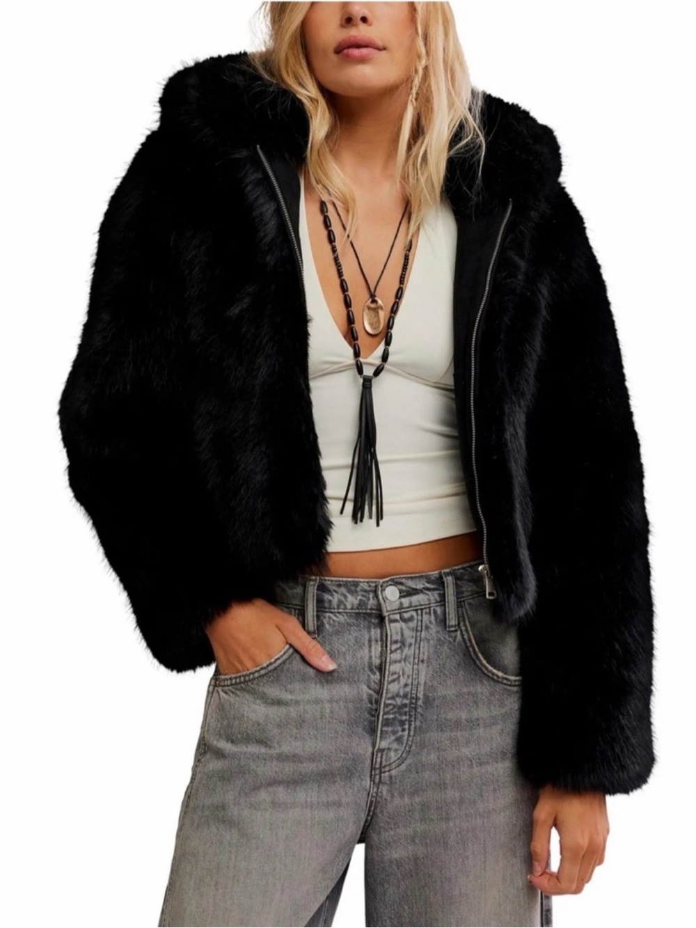 NWT Free People Faux Fur Cropped Jacket Size L